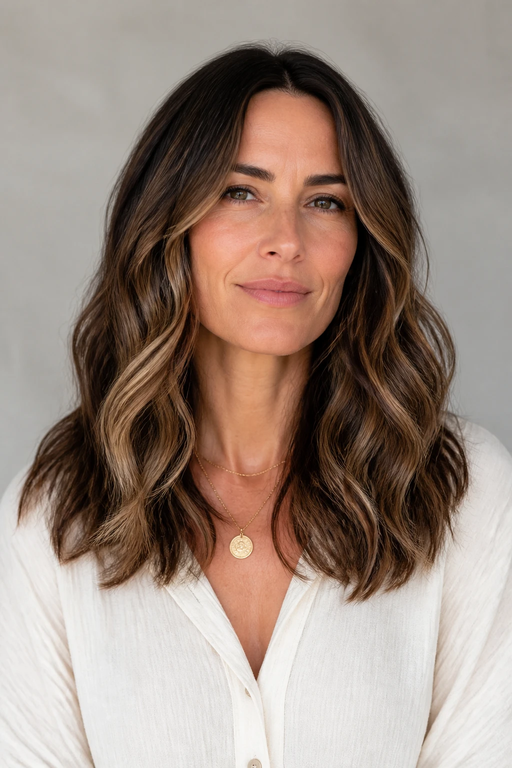 A 43-year-old woman shows one-length long hair with invisible layers and soft balayage.