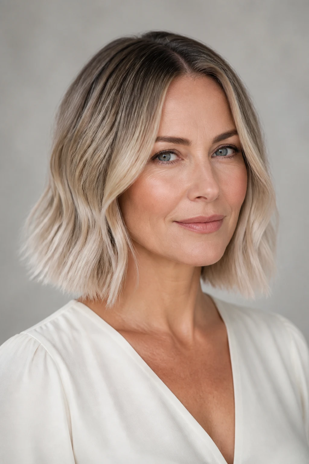 A refined woman in her mid-40s shows dark blonde root-melt blending into cool pearl ends.