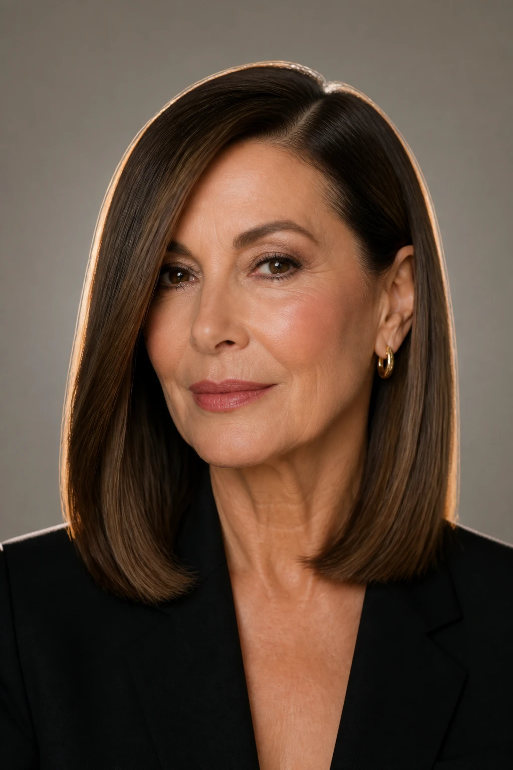 A sophisticated 58-year-old wears a sleek shoulder-length cut with a deep side part and blunt, glossy ends.