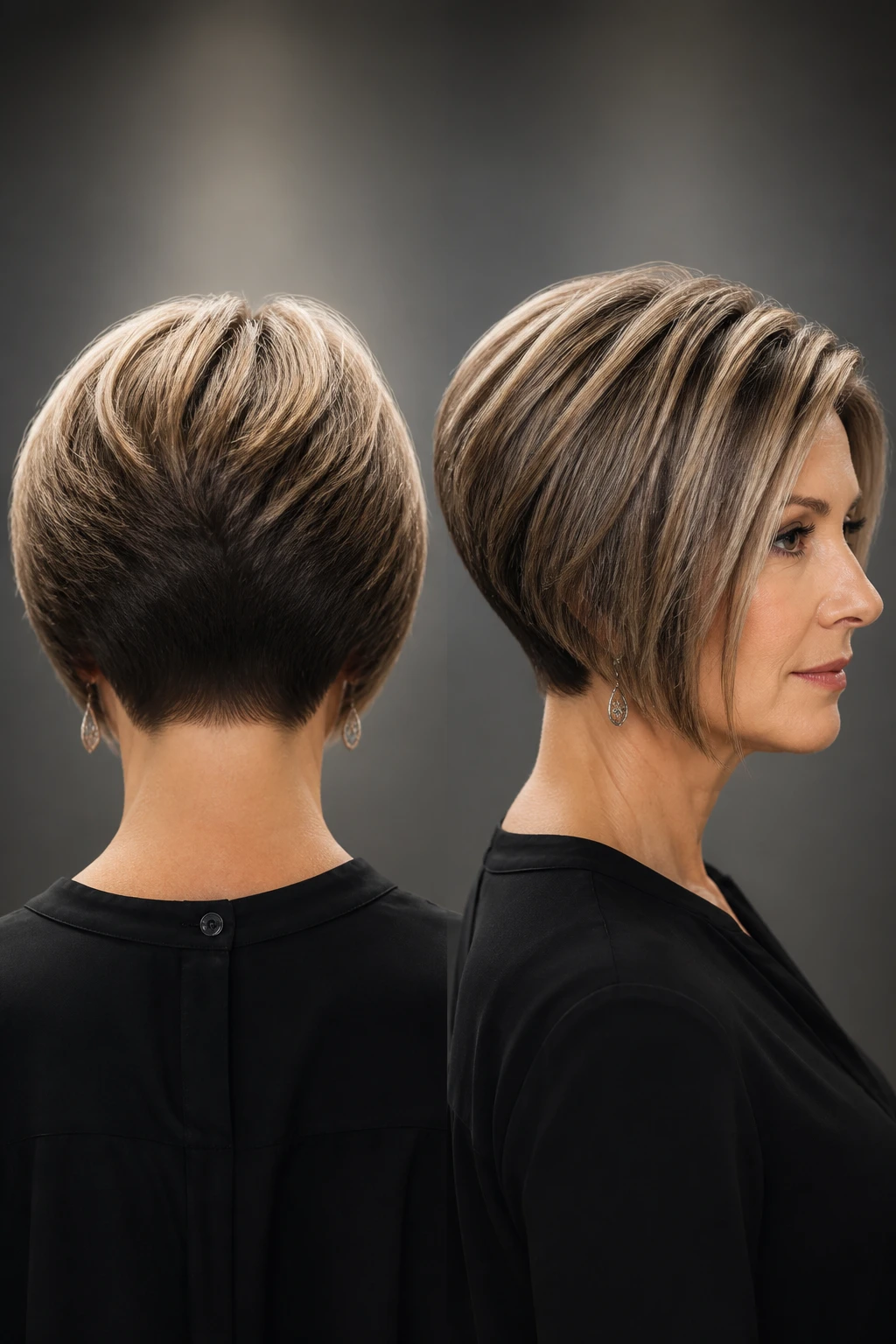 A stylish woman in her late 40s shows a stacked bob with a tapered nape, low volume crown, and subtle highlights.