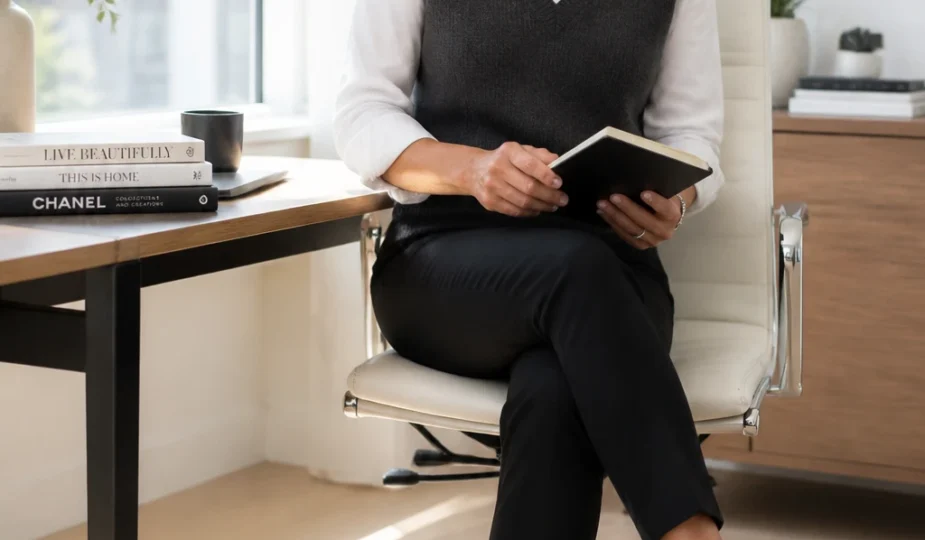 A stylish 45-year-old woman wears a charcoal knit vest over a white poplin shirt with black slim ankle pants and square-toe flats.