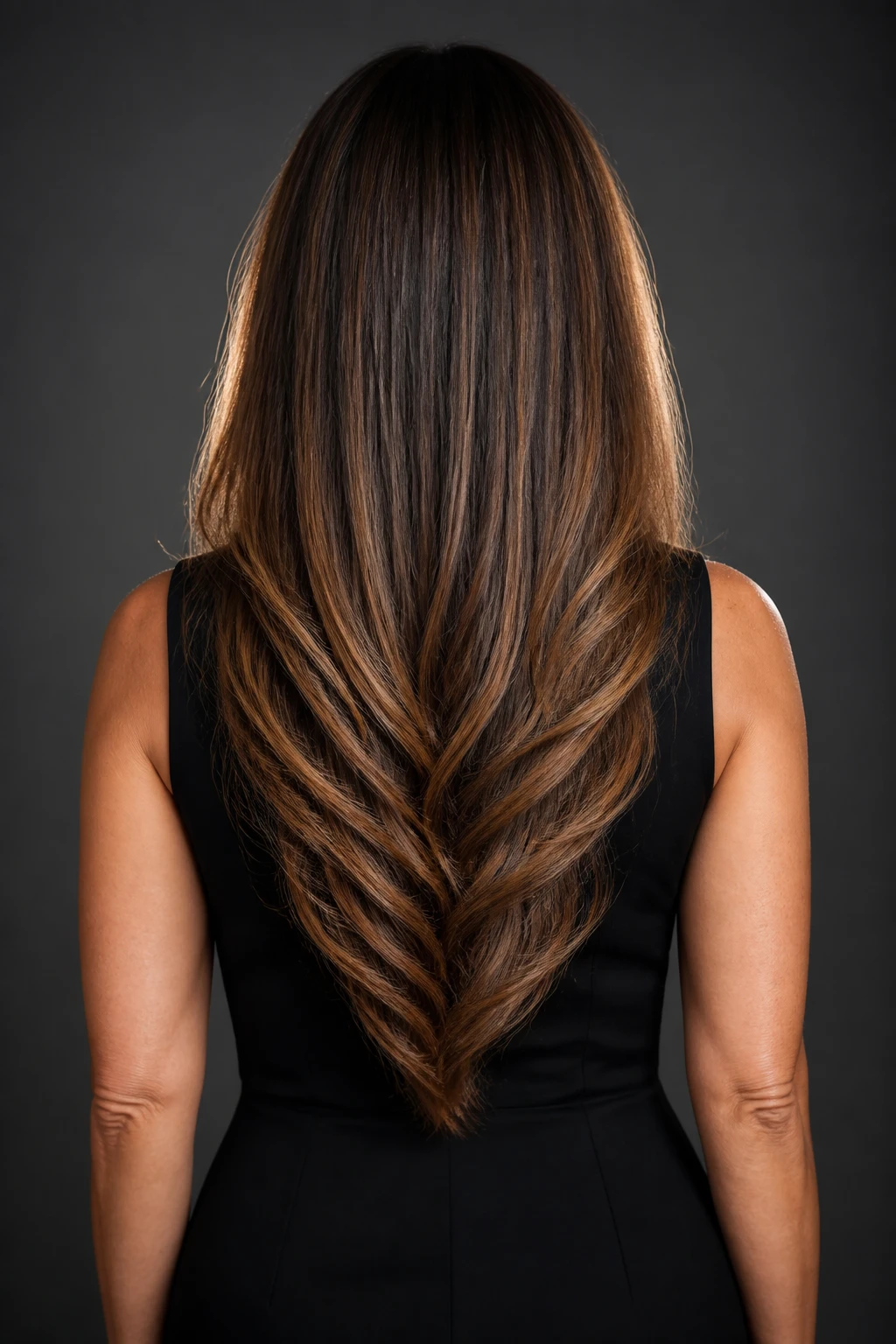 Dense long hair in a V-cut with soft waves and ribbon highlights on a confident woman in her late 40s.