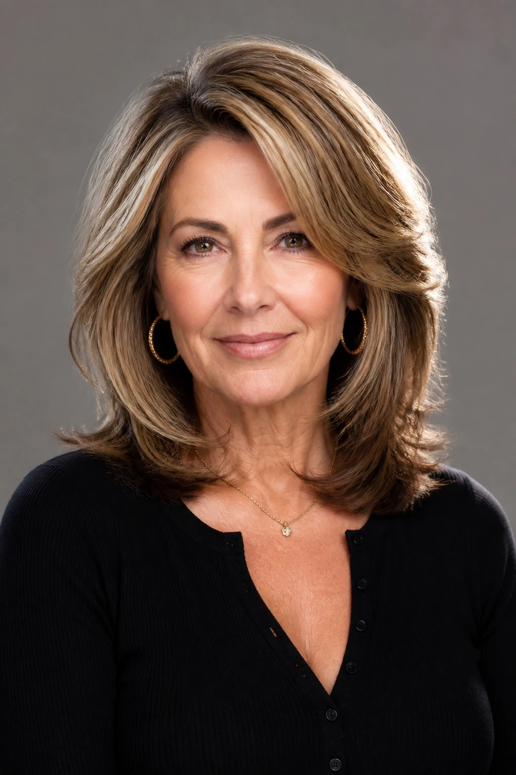 A confident woman in her late 50s shows volumized shoulder-length layers for thick hair with controlled lift.