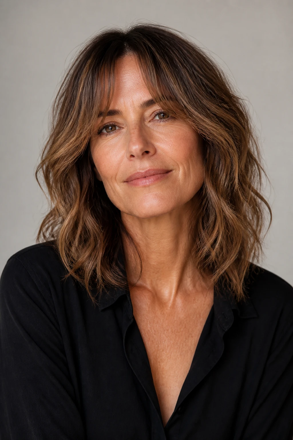 A chic woman in her mid-50s wears a collarbone-length wavy cut with curtain bangs and softly shadowed roots.