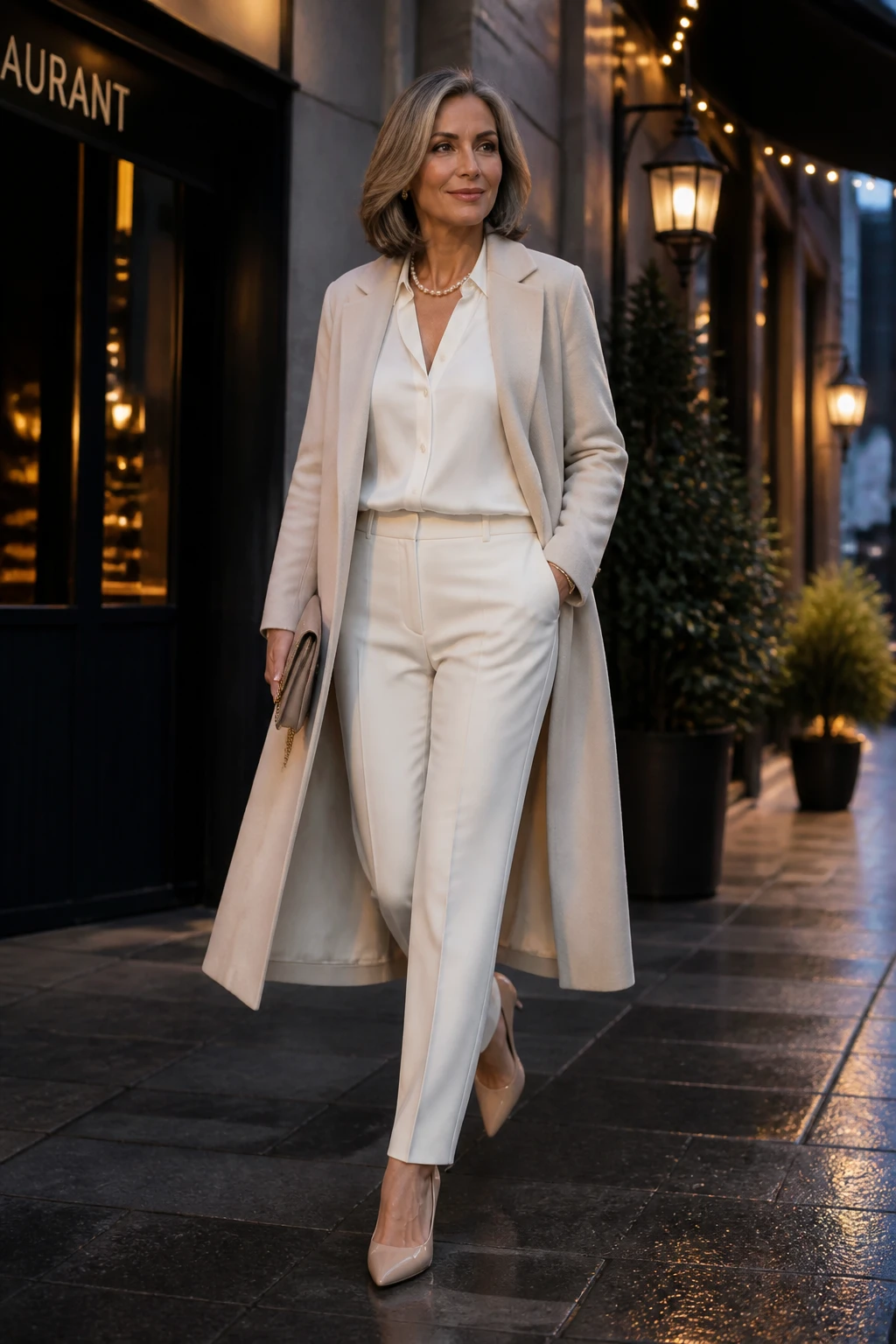 An elegant woman in her late 50s wears winter whites—ivory trousers, silk blouse, oatmeal coat—with nude patent heels and a pearl strand.