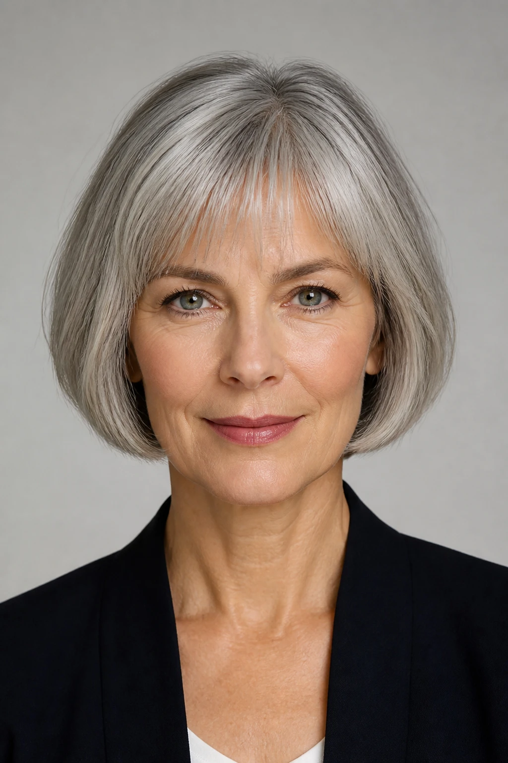 A sophisticated woman in her mid-50s wears a chin-length French bob with feathered micro fringe and refined cool gloss.