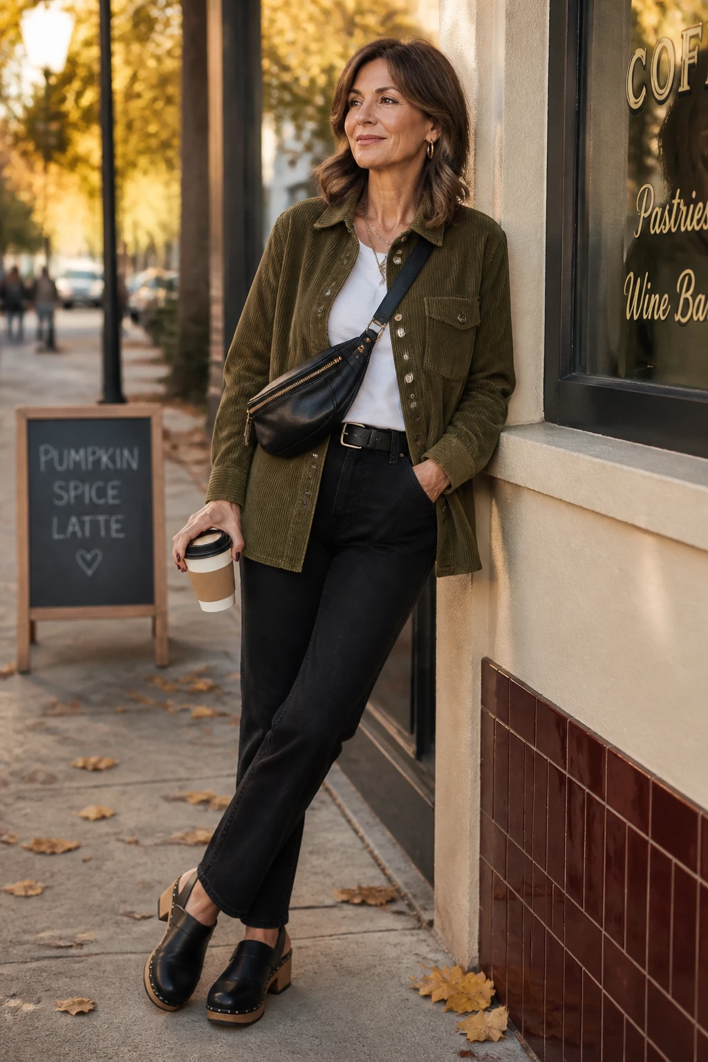 A chic woman in her late 50s wears a moss corduroy shacket with black jeans, leather clogs, and a crossbody belt bag.