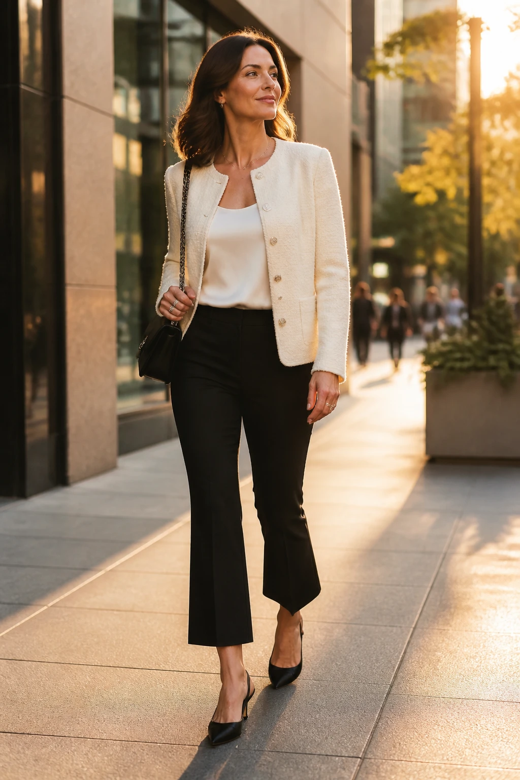A 44-year-old woman wears black cropped kick-flares with a cream bouclé cardigan-jacket, ivory silk tank, and black slingbacks.
