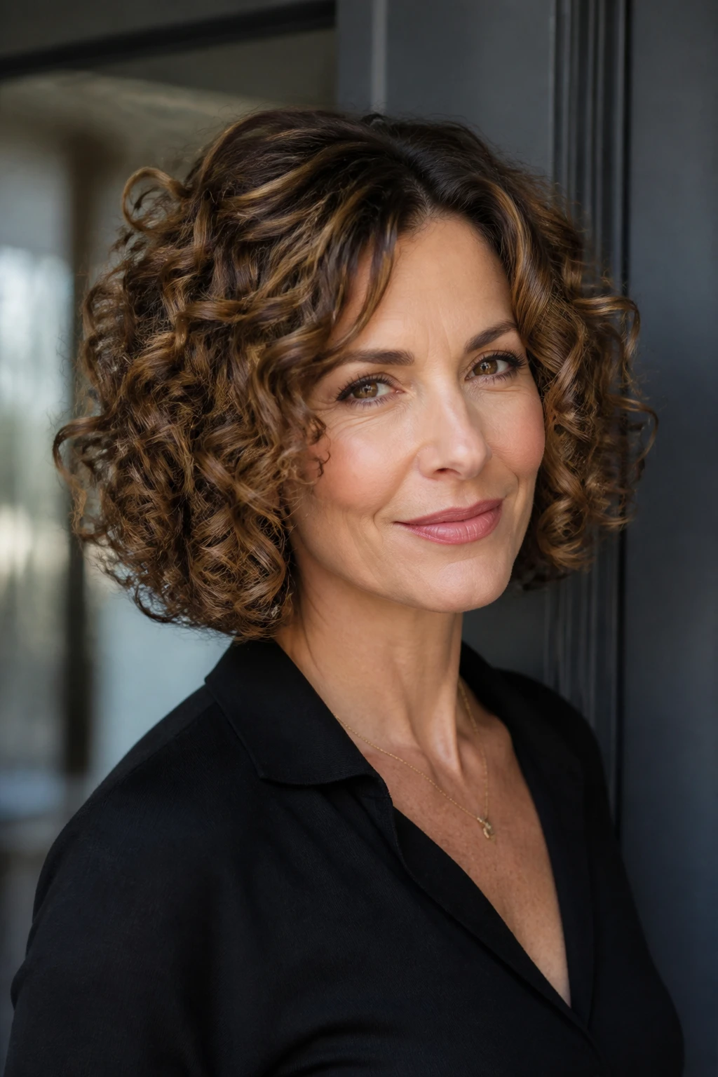 A mid-40s woman wears a curly bob with a rounded perimeter and carved layers, featuring low-contrast dimension.