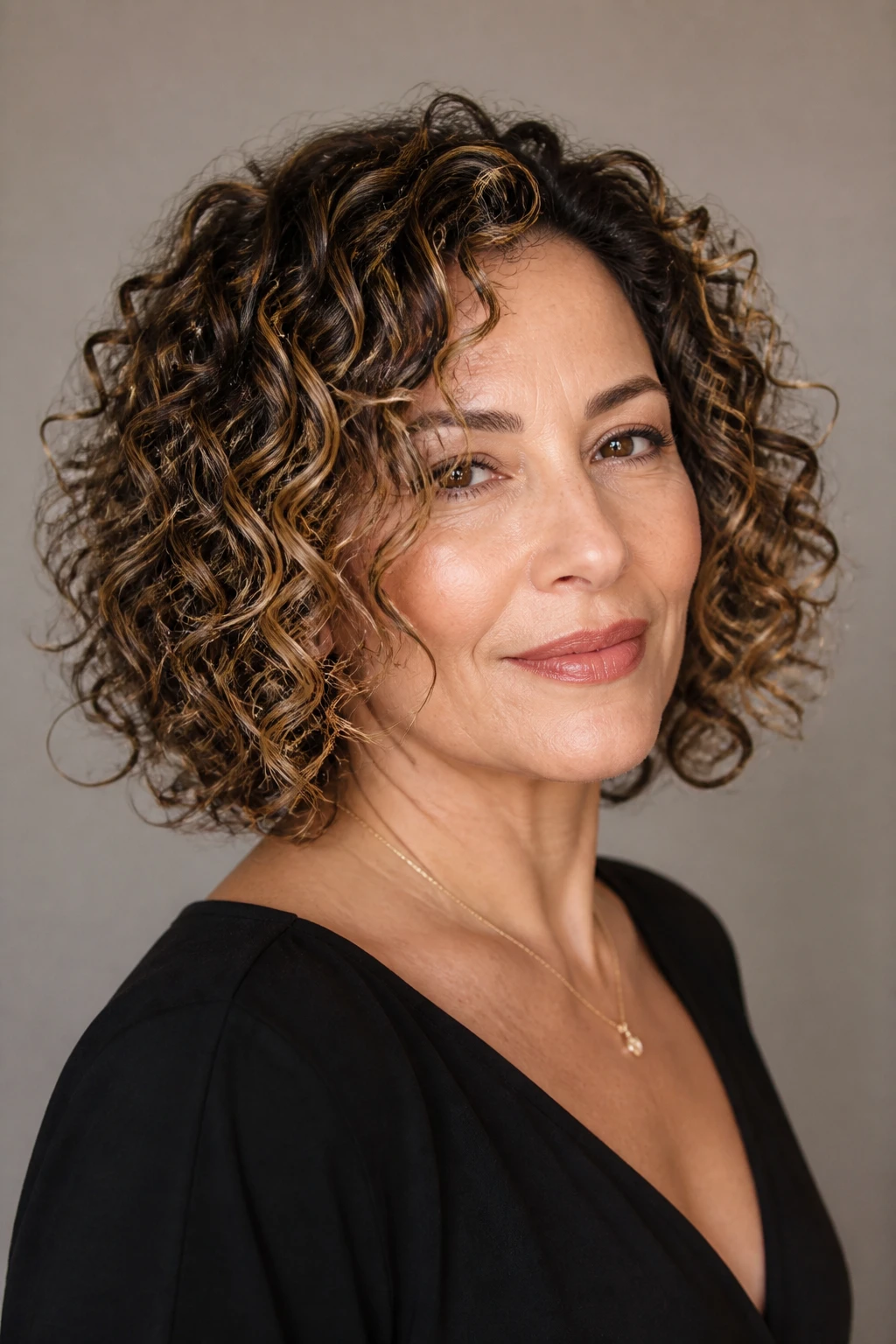 A 46-year-old woman with a curly, rounded shape and elongated layers for bounce and balance.
