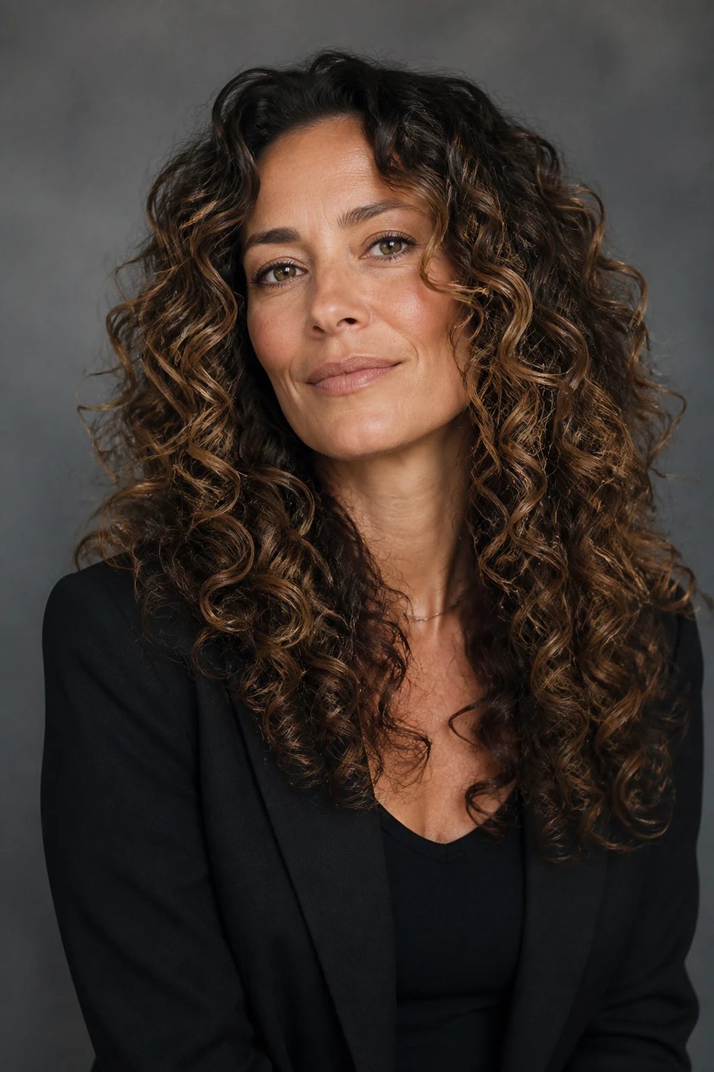 Defined long curls with rounded layers and subtle painted highlights on a stylish woman in her mid-40s.