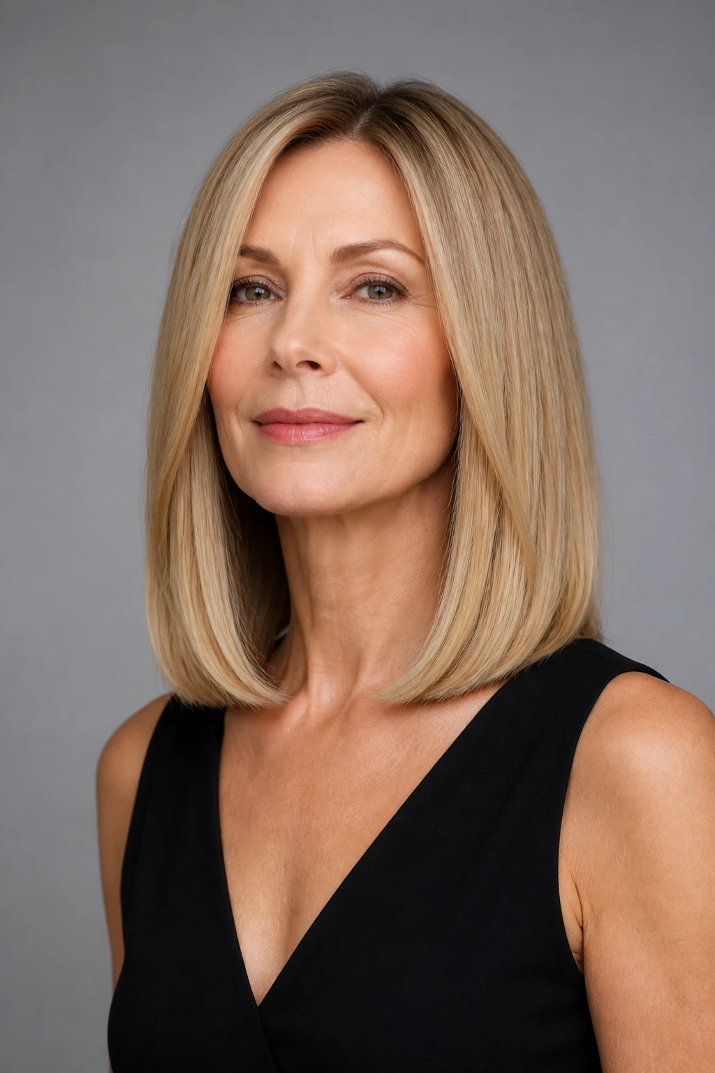 A stylish woman in her mid-50s with fine hair wears a blunt shoulder-length cut with invisible crown layers.