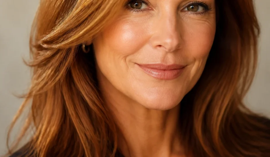 A confident 45-year-old wears glossy auburn with a golden glaze concentrating warmth at temple and jaw.