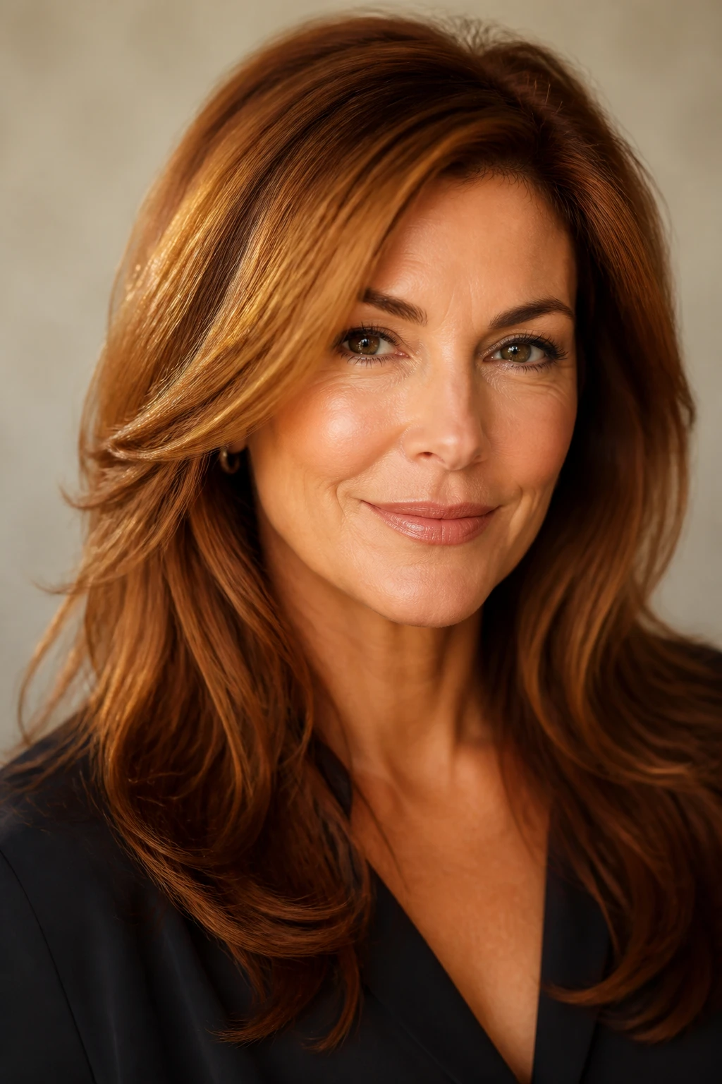 A confident 45-year-old wears glossy auburn with a golden glaze concentrating warmth at temple and jaw.