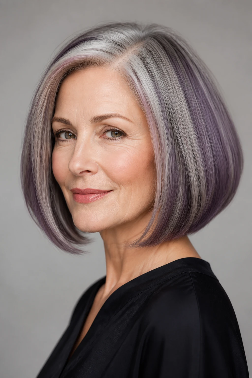 An elegant late-50s woman with a midlength gray blending bob, blunt edge, and luminous micro-fine highlights around the part and temples.