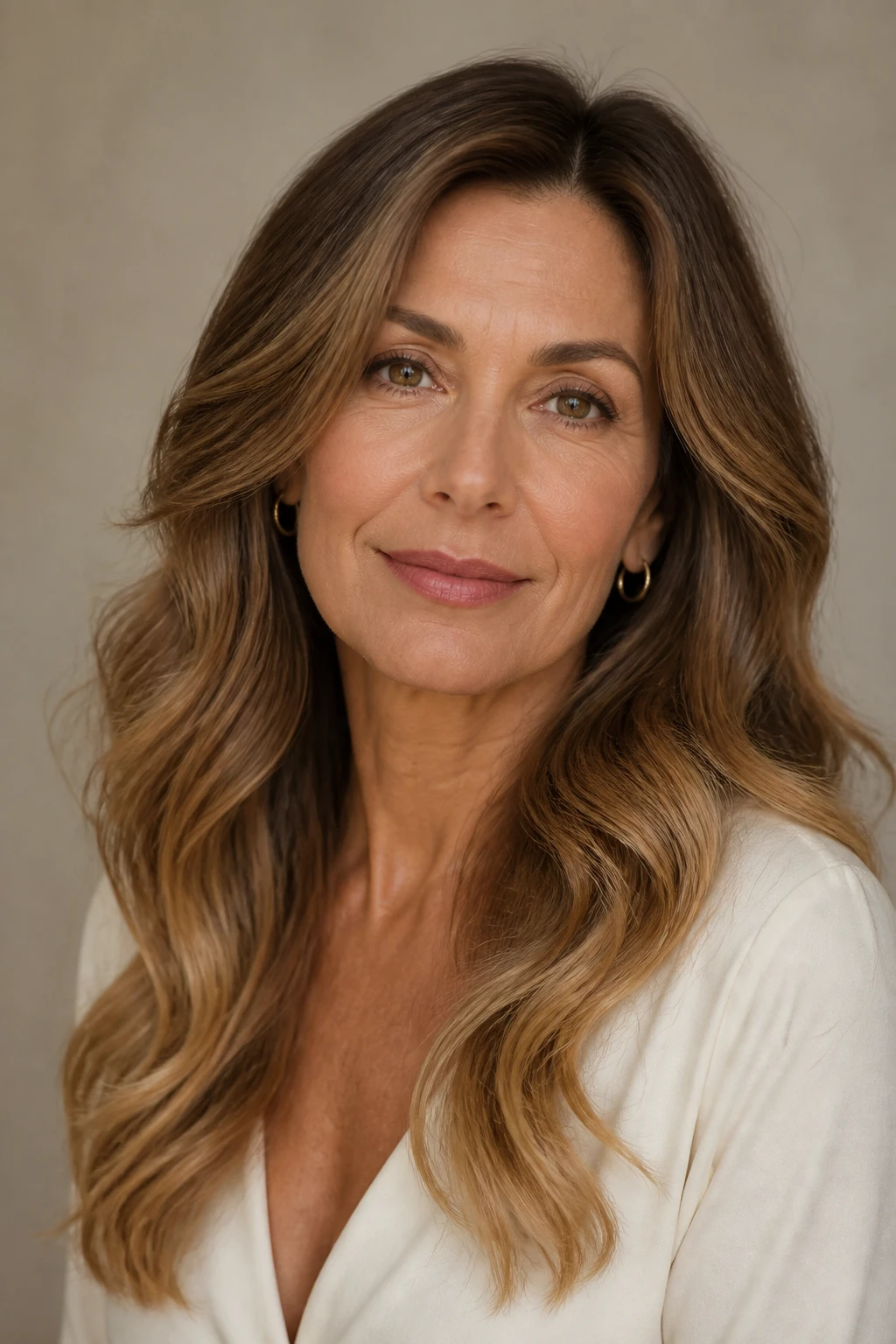 A muted hazelnut ombré fades from medium brown roots to toasted ends on a sophisticated woman in her early 50s.