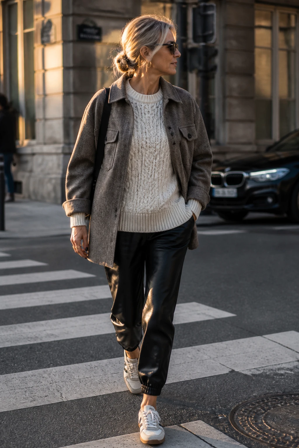 A stylish late-50s woman wears black leather joggers with a cream chunky knit, retro runners, and a hip-length shacket, accessorized with small hoops and a messy low bun.