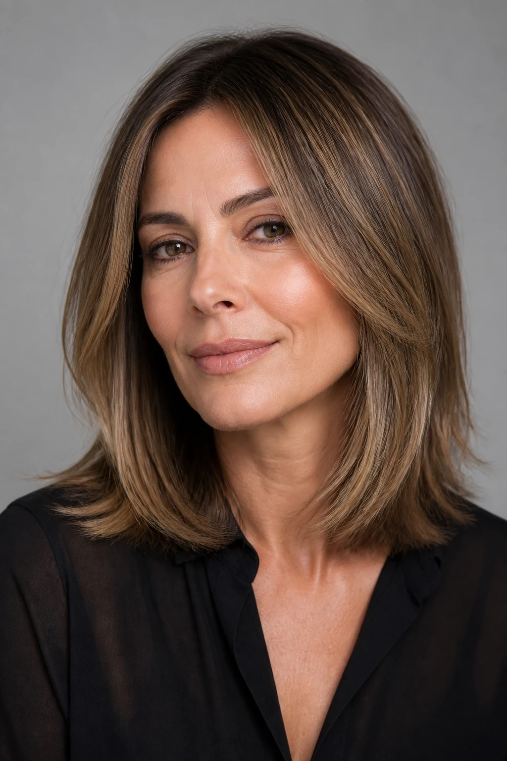 An elegant 48-year-old woman wears a low-contrast bronde melt that softly blurs regrowth on a layered lob.