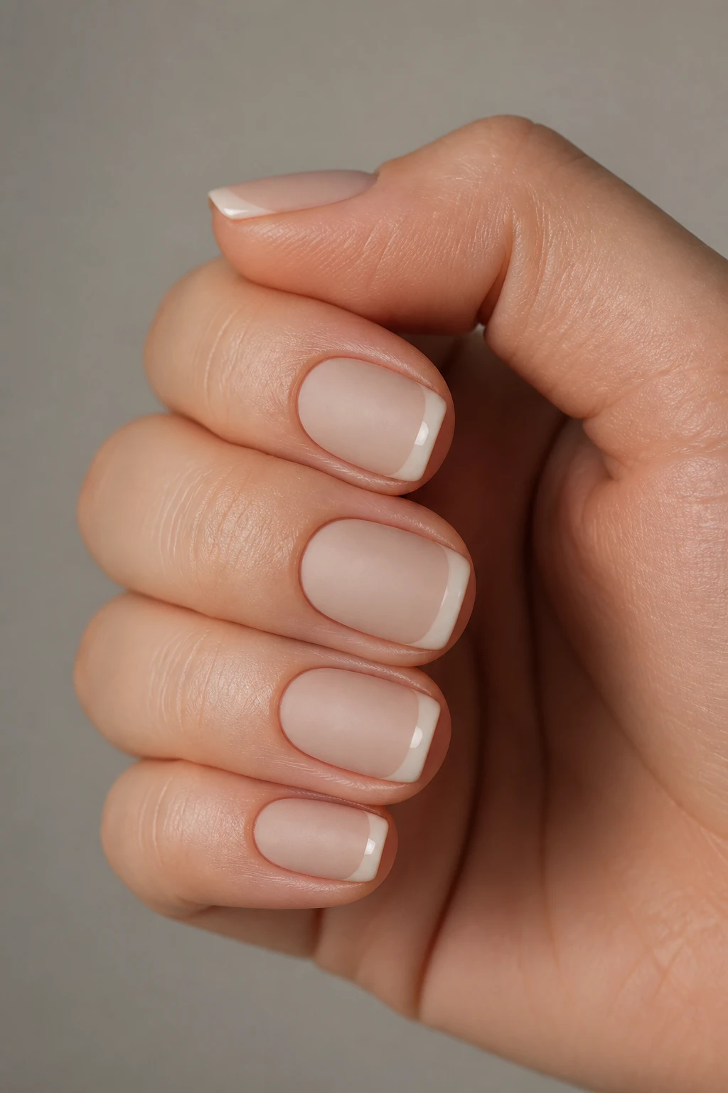 Short squoval nails with a matte base and slim glossy French tips for modern contrast.
