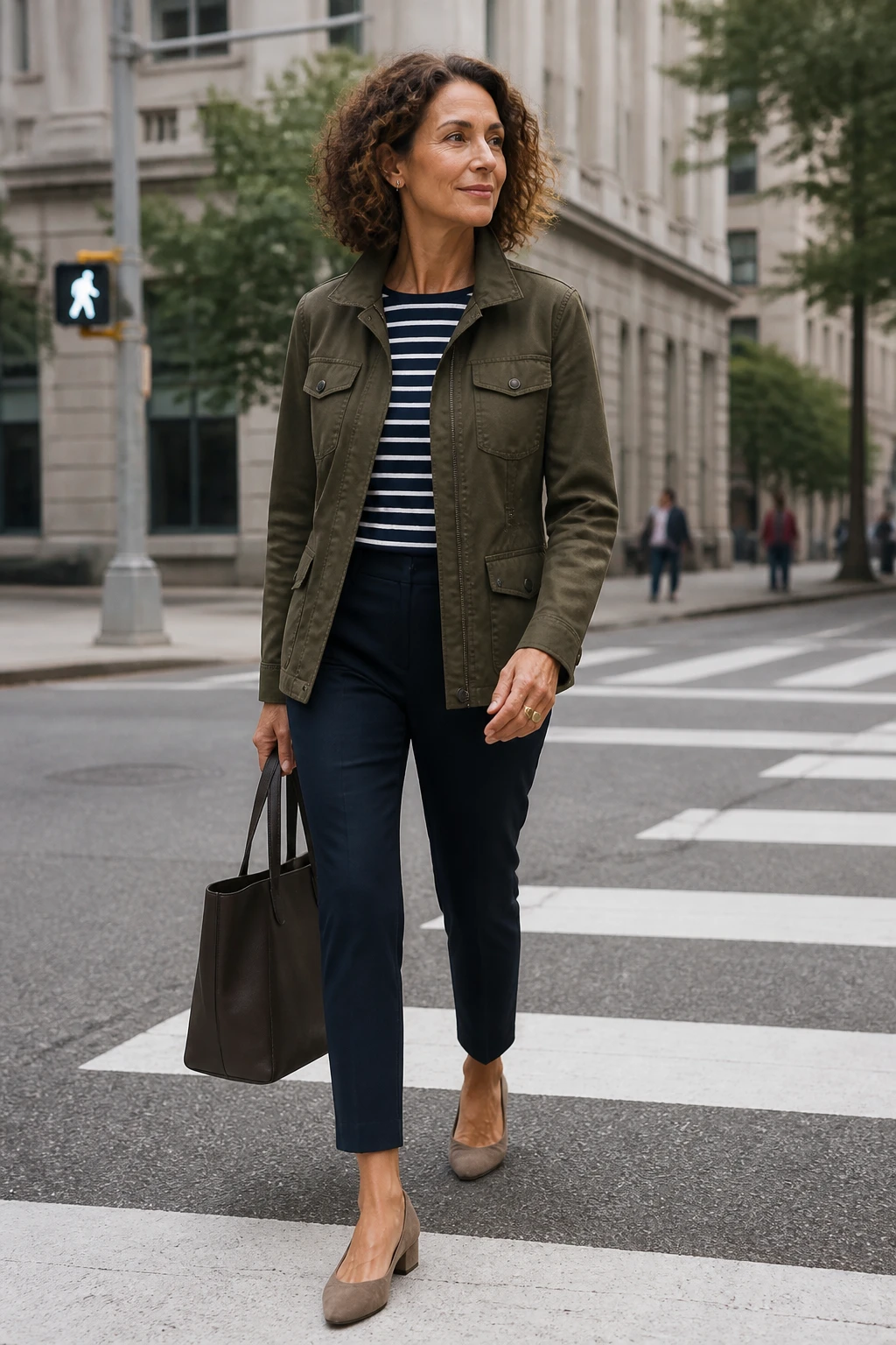 Mid-50s woman in an olive utility jacket, navy ankle pants, and neutral low block heels crossing a city street.