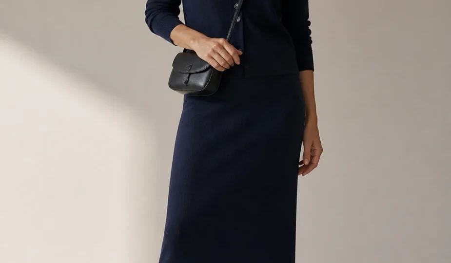 A sophisticated mid-40s woman wears a deep navy fine-gauge cardigan and matching column skirt with slim sock boots and a compact crossbody for a sleek monochrome look.