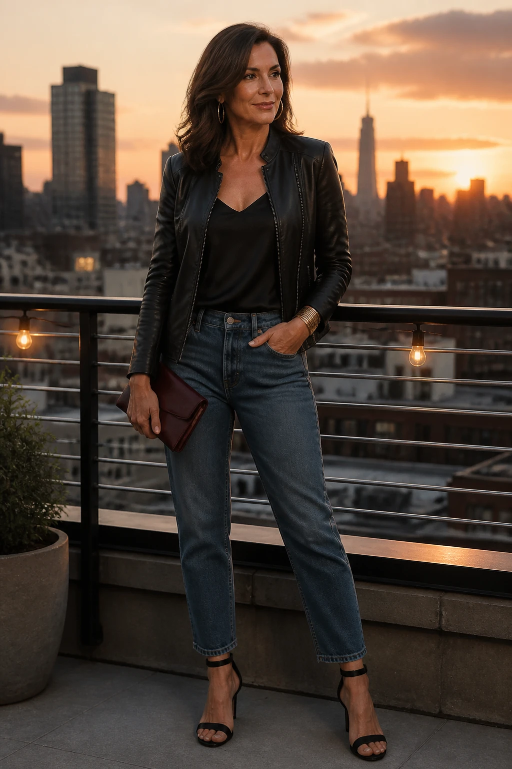 A confident late-40s woman wears relaxed straight jeans with a sharp black leather jacket, silk tank, and heeled ankle-strap sandals.