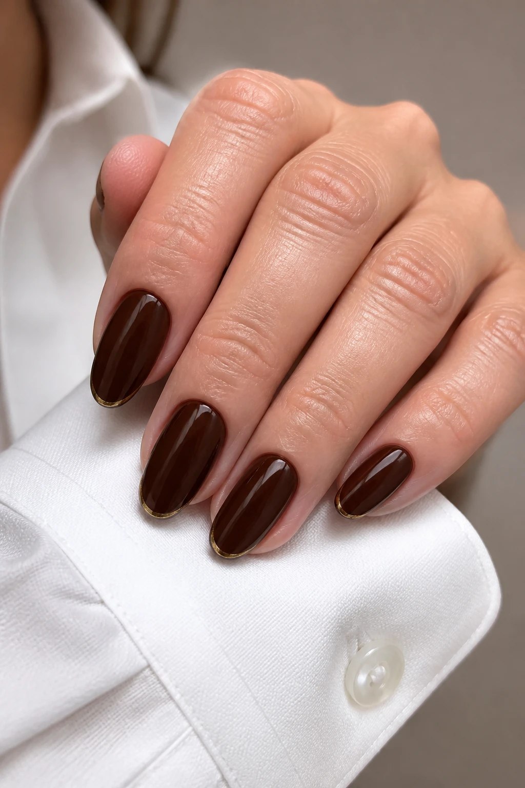 Soft almond nails in rich chocolate brown with a subtle gold micro-French on a stylish woman in her late 40s.