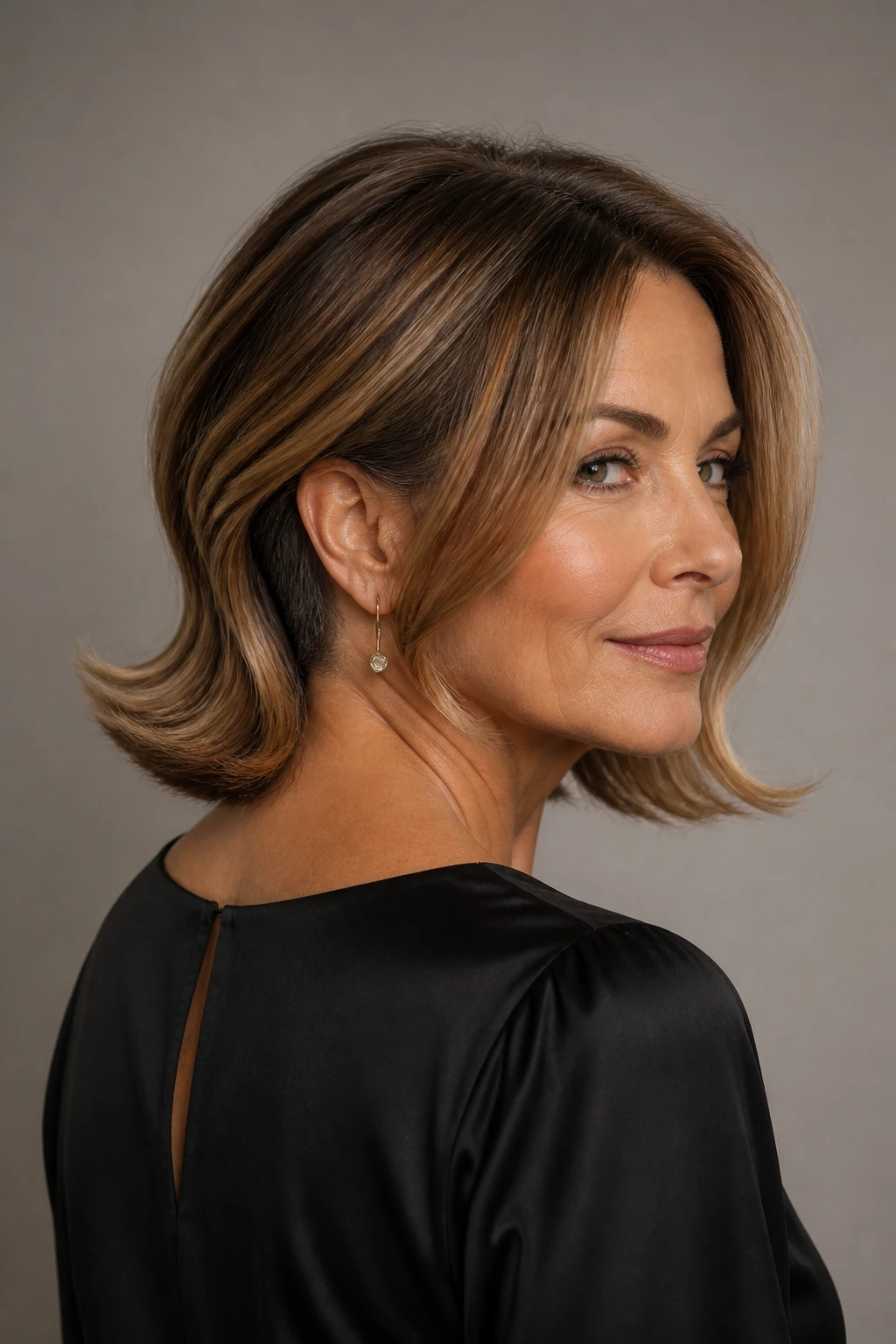 An elegant woman in her mid-50s shows a shoulder-sweep style with a subtle undercut and elongated face-framing layers.