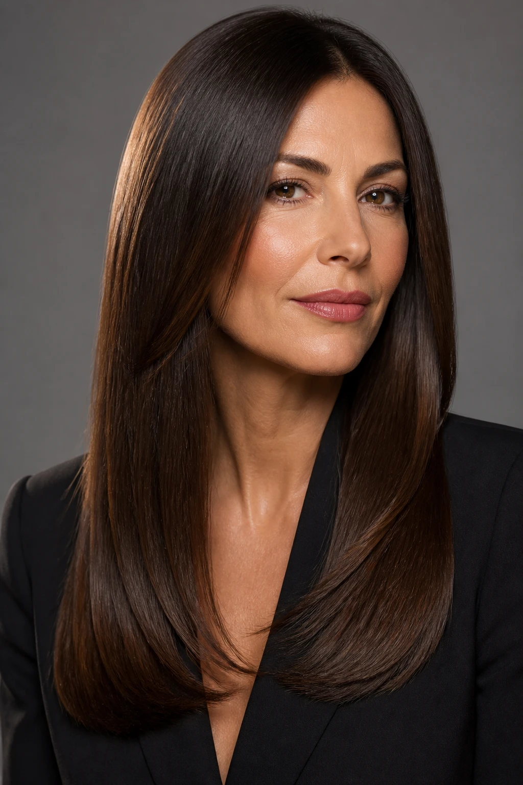 Sleek long hair with invisible layers and a blunt perimeter on a woman in her mid-40s, finished with a glossy blowout.