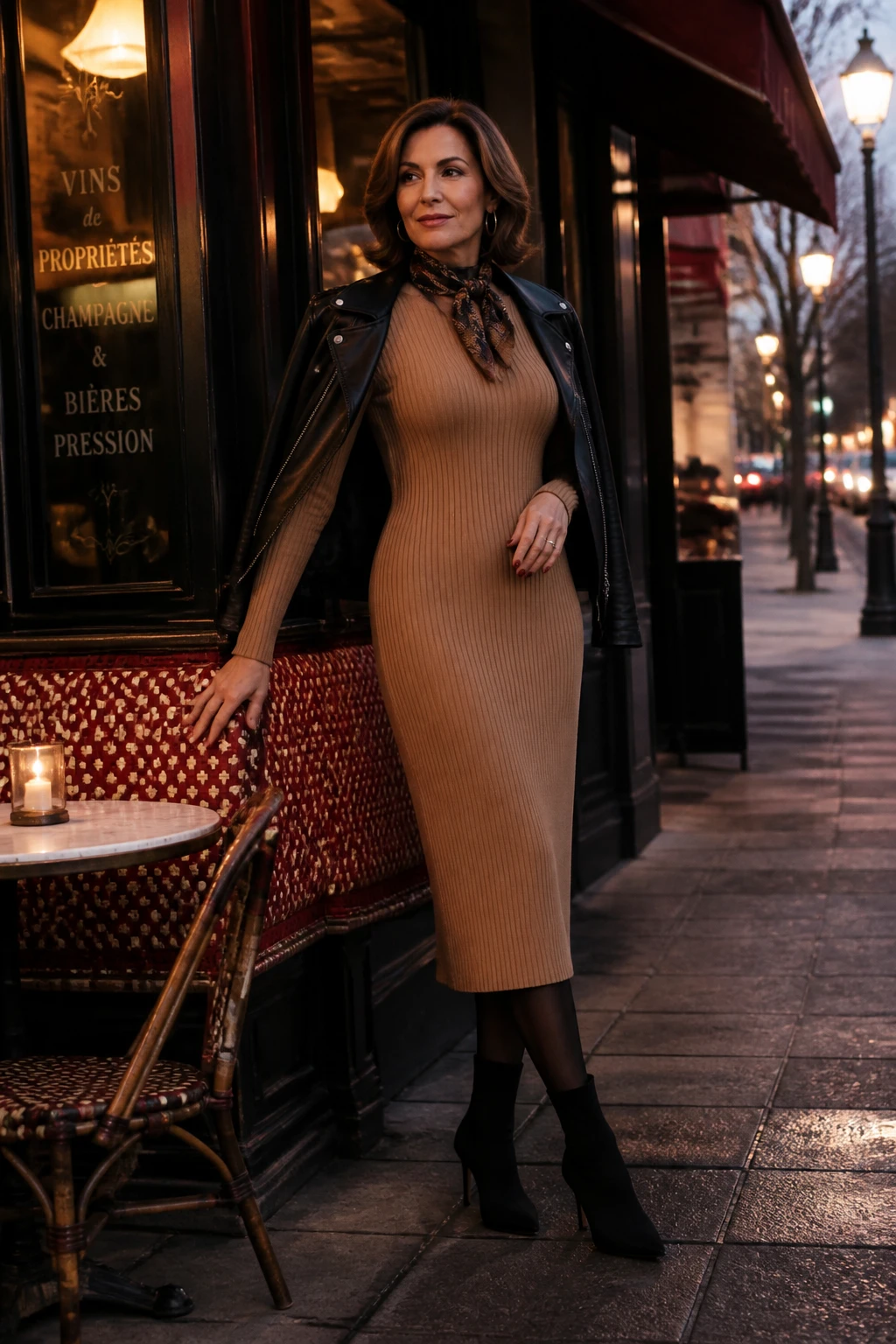 A confident mid-40s woman wears a camel ribbed sweater dress with a black moto jacket, heeled sock boots, and a slim silk scarf.