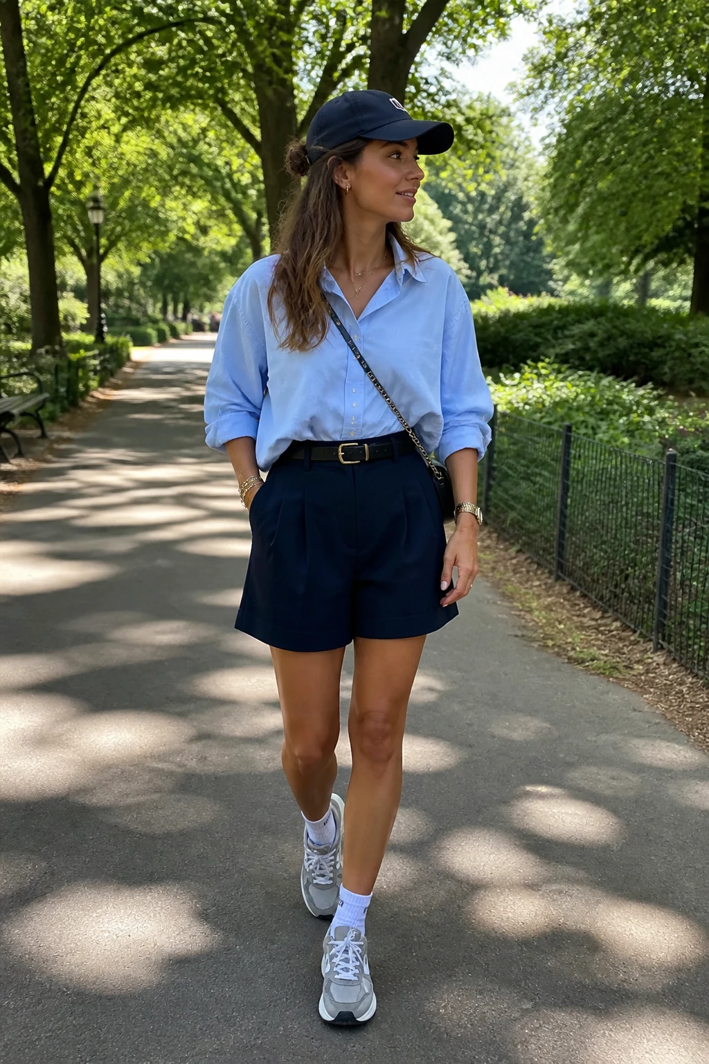 A fashionable early-30s woman wears navy tailored shorts with an oversized sky-blue Oxford, chunky sneakers, and a baseball cap.
