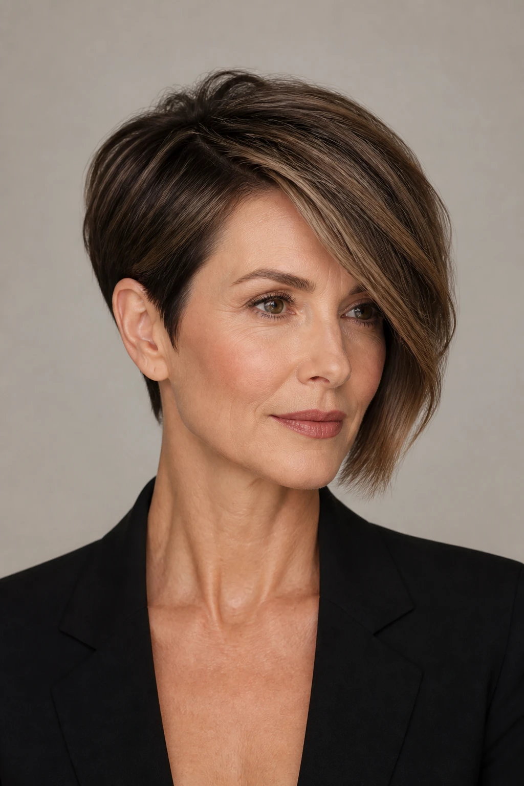 A chic 53-year-old woman with an asymmetrical pixie-bob sweeping across one cheek, tapered elsewhere for clean frame contrast.