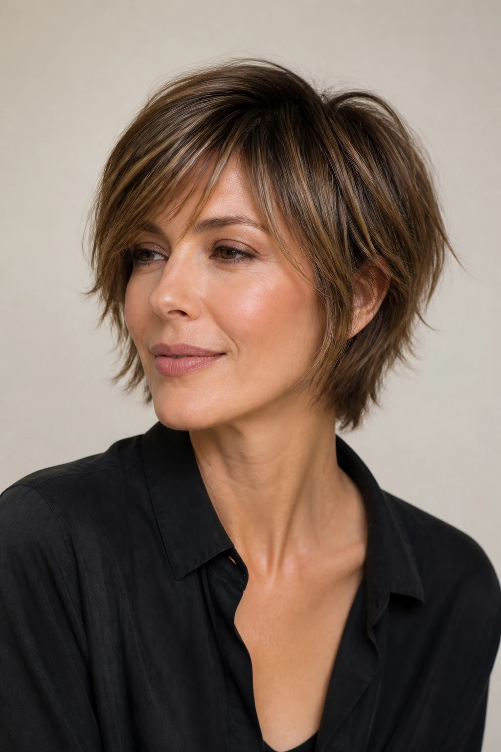 A stylish woman in her mid-40s wears a bixie bob with feathered edges and side-swept bangs.