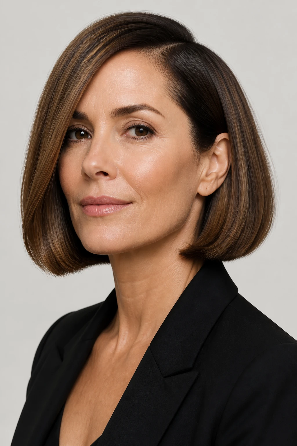 A chin-length bob with a strong side part and subtle bevel on a confident woman in her mid-40s.
