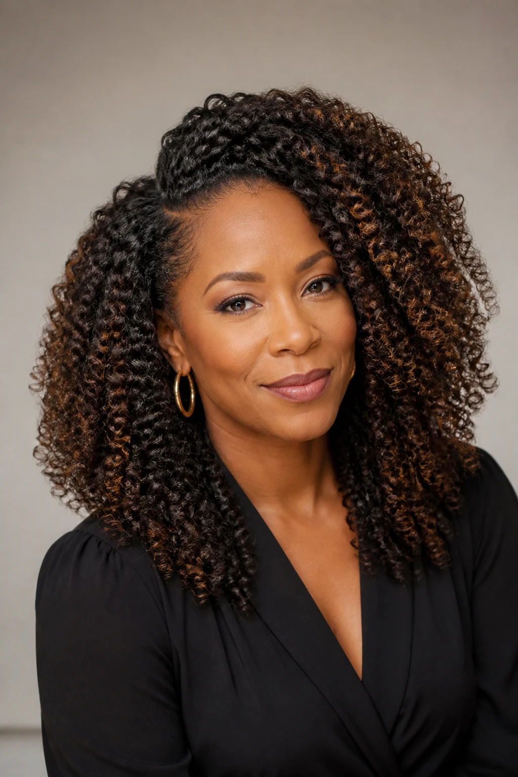 Long coily hair with sculpted layers and subtle warm dimension on a confident woman in her mid-40s.