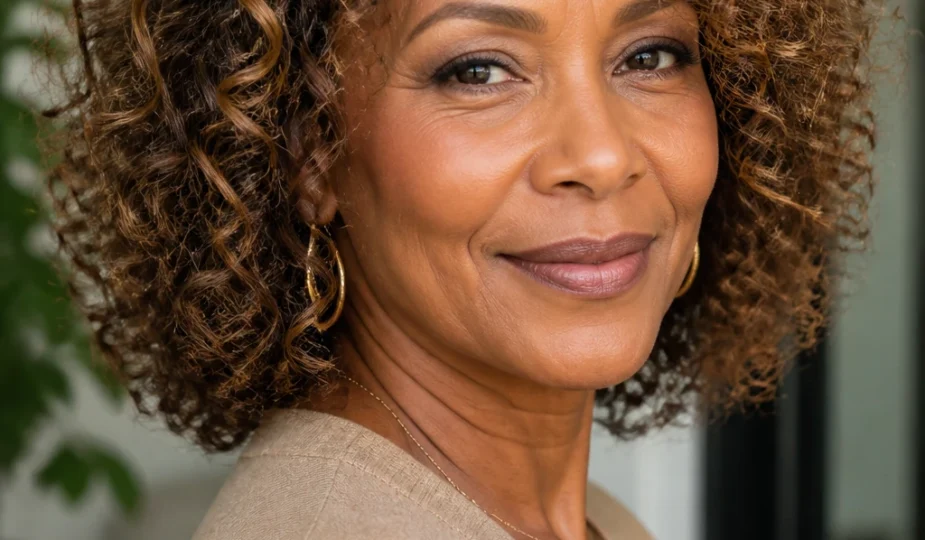 Golden walnut accents enhance natural curls and face-framing dimension on a stylish woman in her mid-50s.