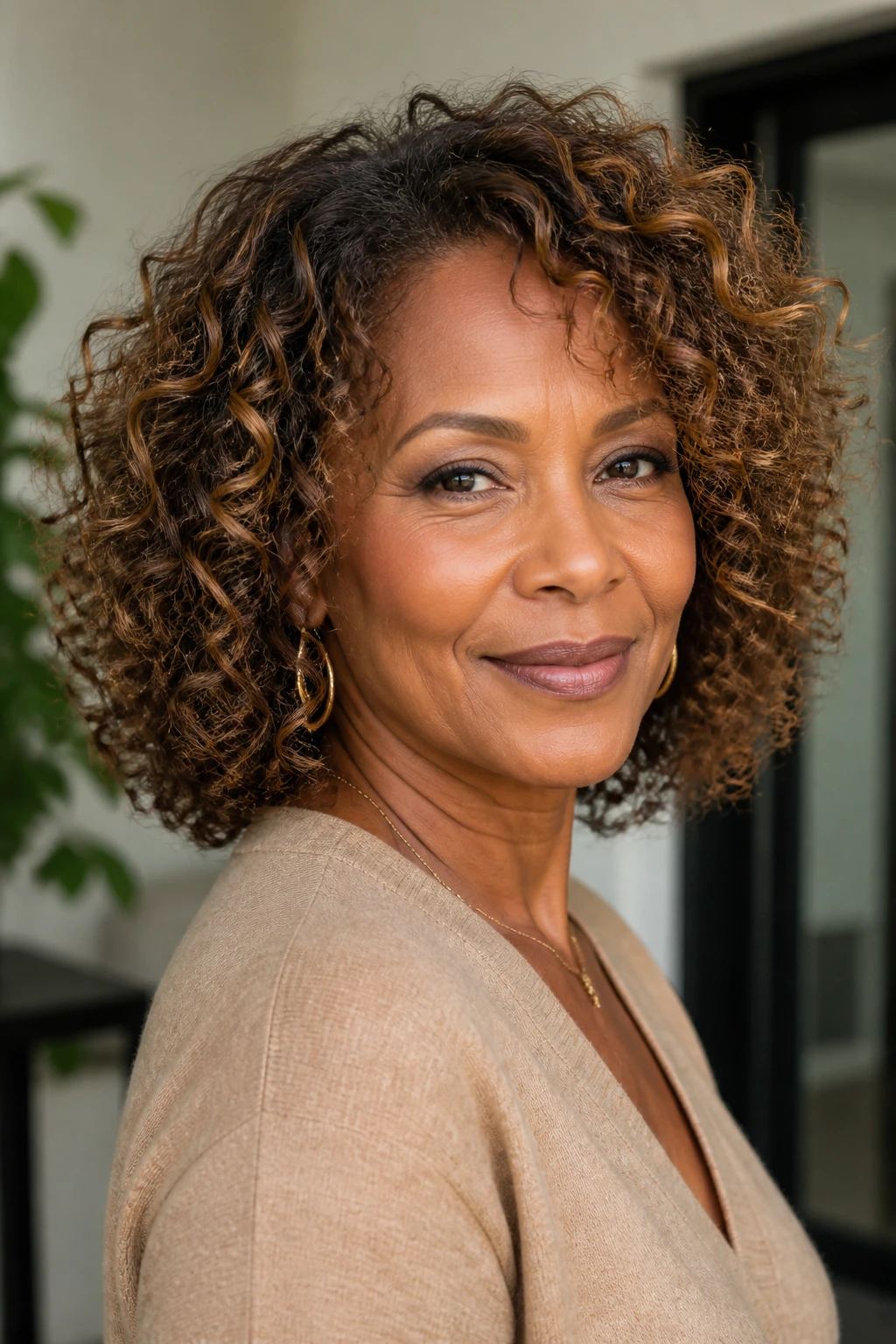 Golden walnut accents enhance natural curls and face-framing dimension on a stylish woman in her mid-50s.