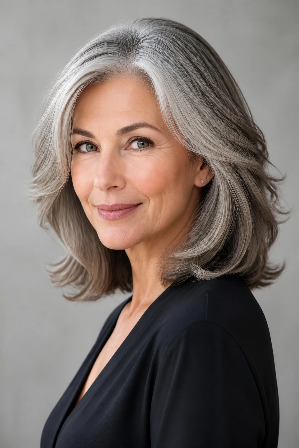 An elegant mid-50s woman with shoulder-length dimensional gray blending and a soft perimeter.