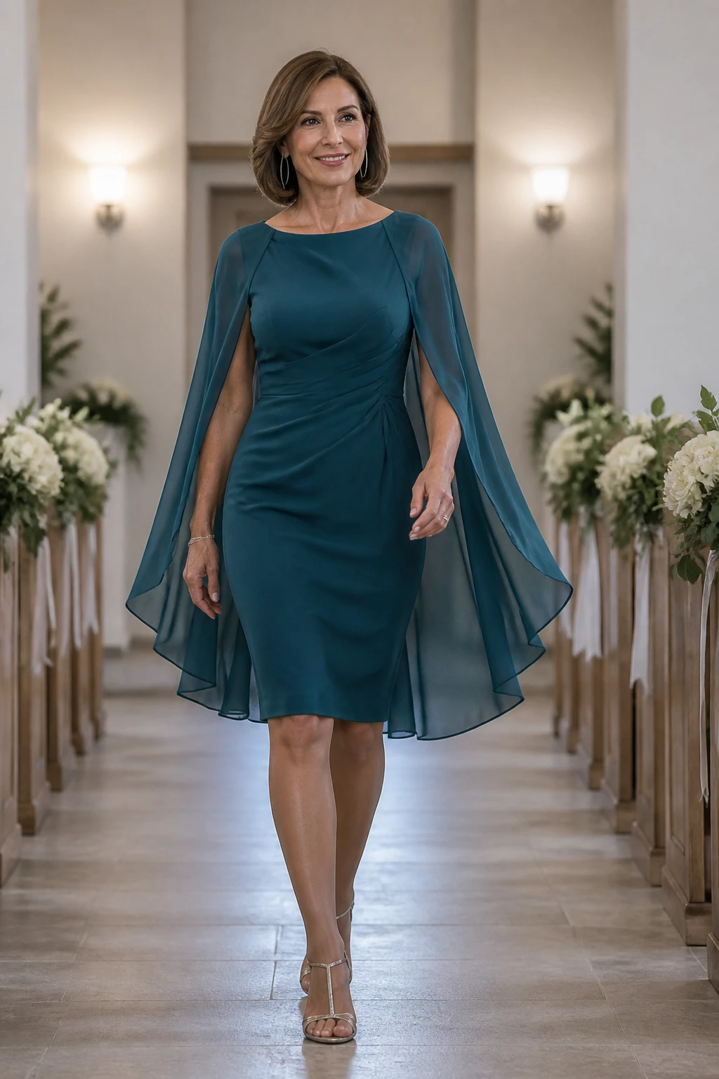An elegant woman in her mid-50s wears a teal jewel-tone sheath with a floating chiffon capelet, minimalist metallic sandals, and slender hoops at an indoor wedding.