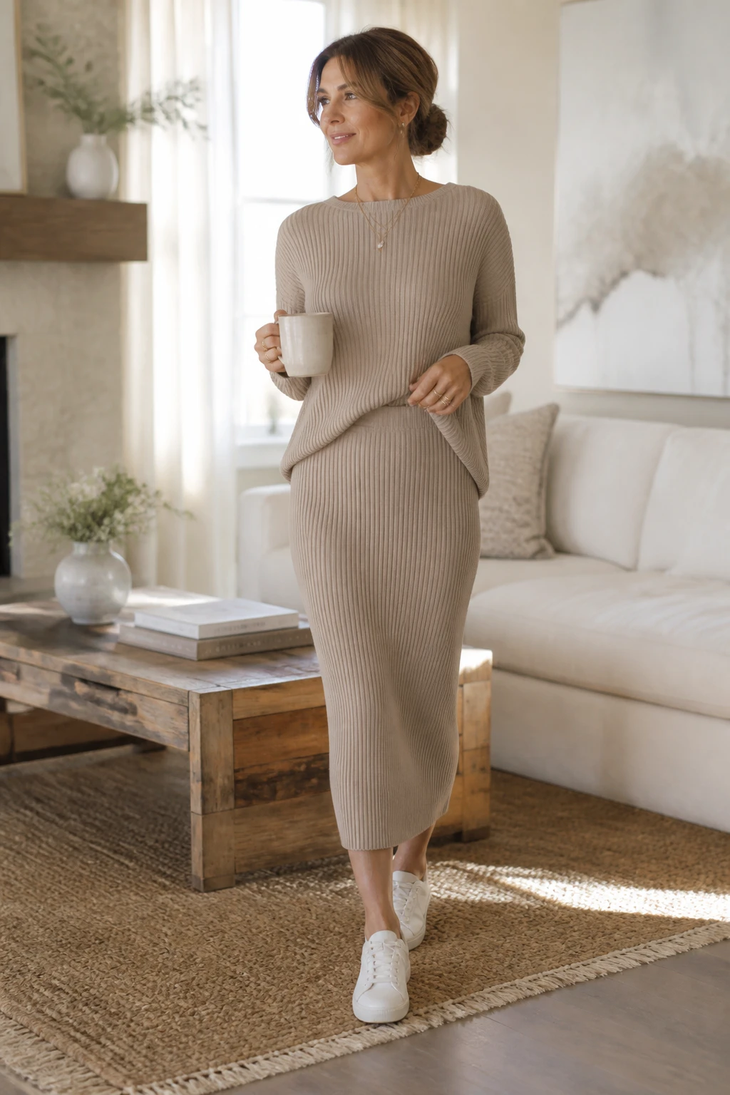 A polished 45-year-old wears a ribbed knit skirt set with dressy sneakers, delicate rings, and pearlized nude nails in soft daylight.