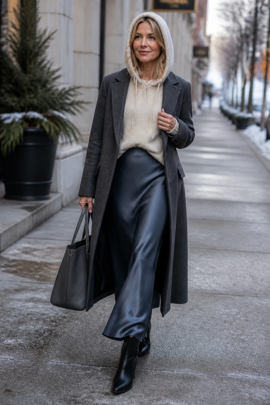 A polished woman in her mid-50s wears a satin maxi skirt with a cashmere hoodie, heeled block boots, and a long tailored coat, carrying a structured tote.