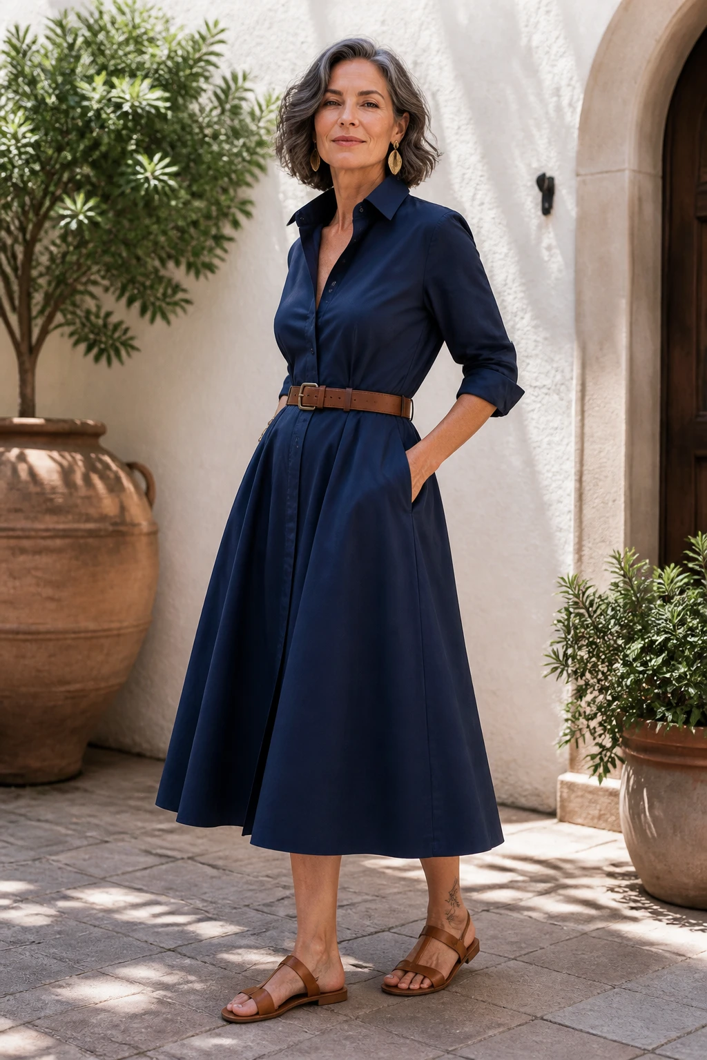Sophisticated mid-50s woman in an ink-blue belted shirt dress with sculptural earrings and leather sandals in a courtyard.