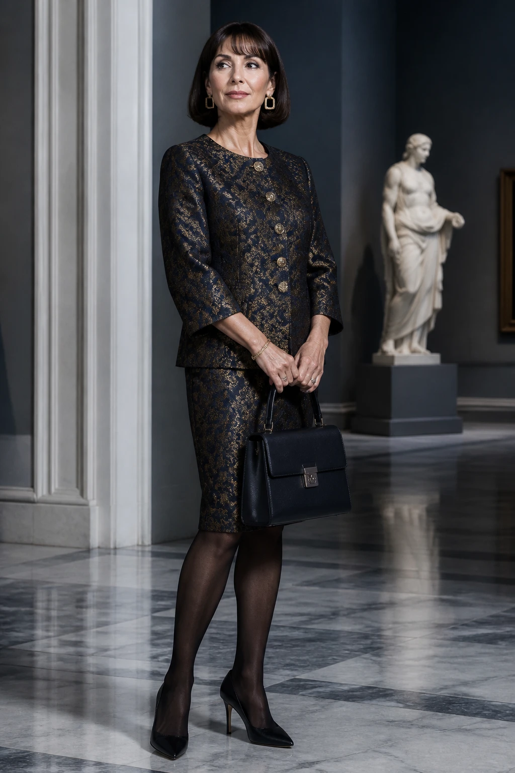 A sophisticated woman in her late 50s wears a navy-gold brocade skirt suit with sheer tights, sleek pumps, and a structured top-handle bag.