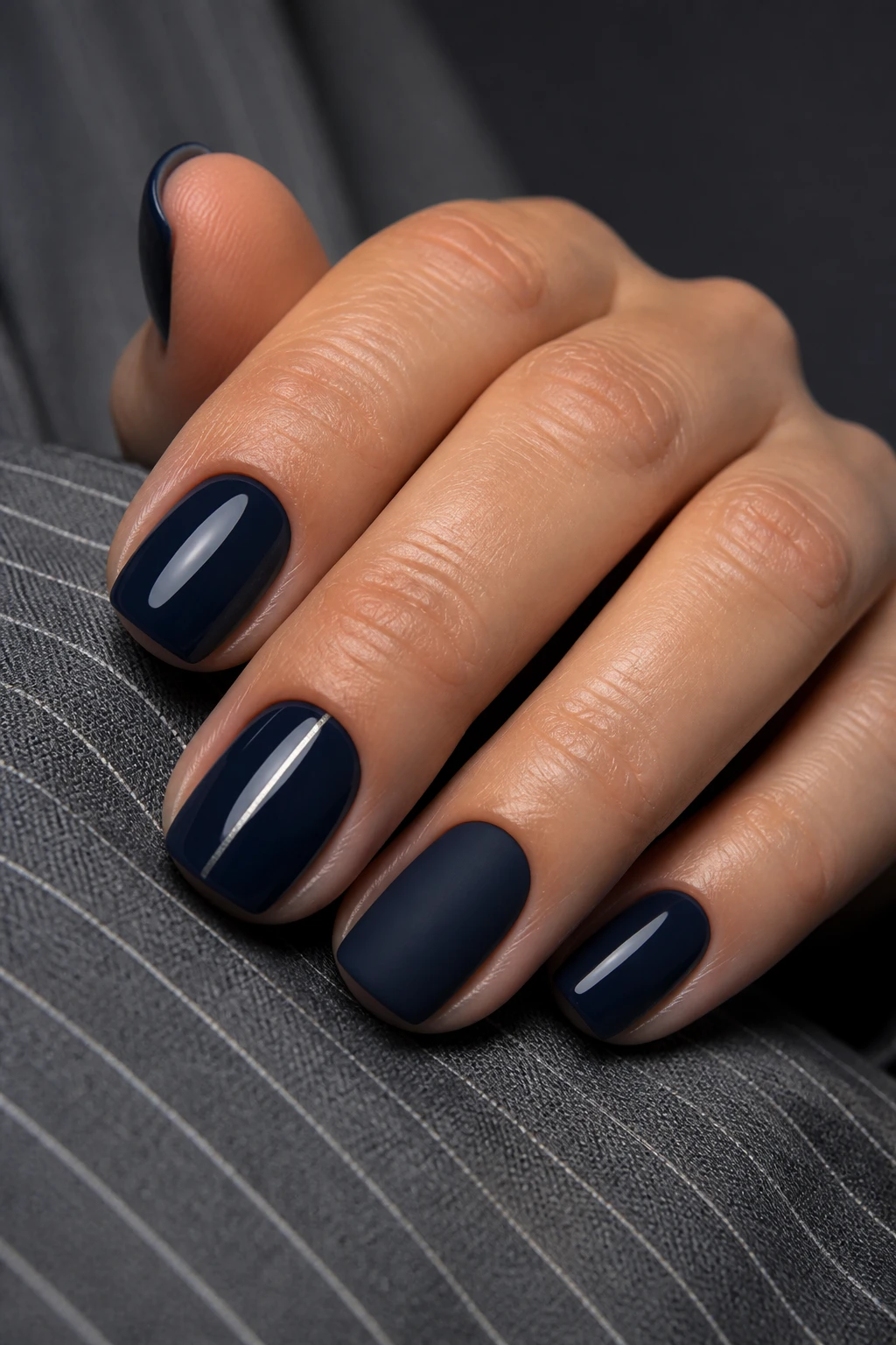 Short squoval nails in glossy navy ink with a matte accent and a subtle silver pinstripe on a chic woman in her mid-40s.