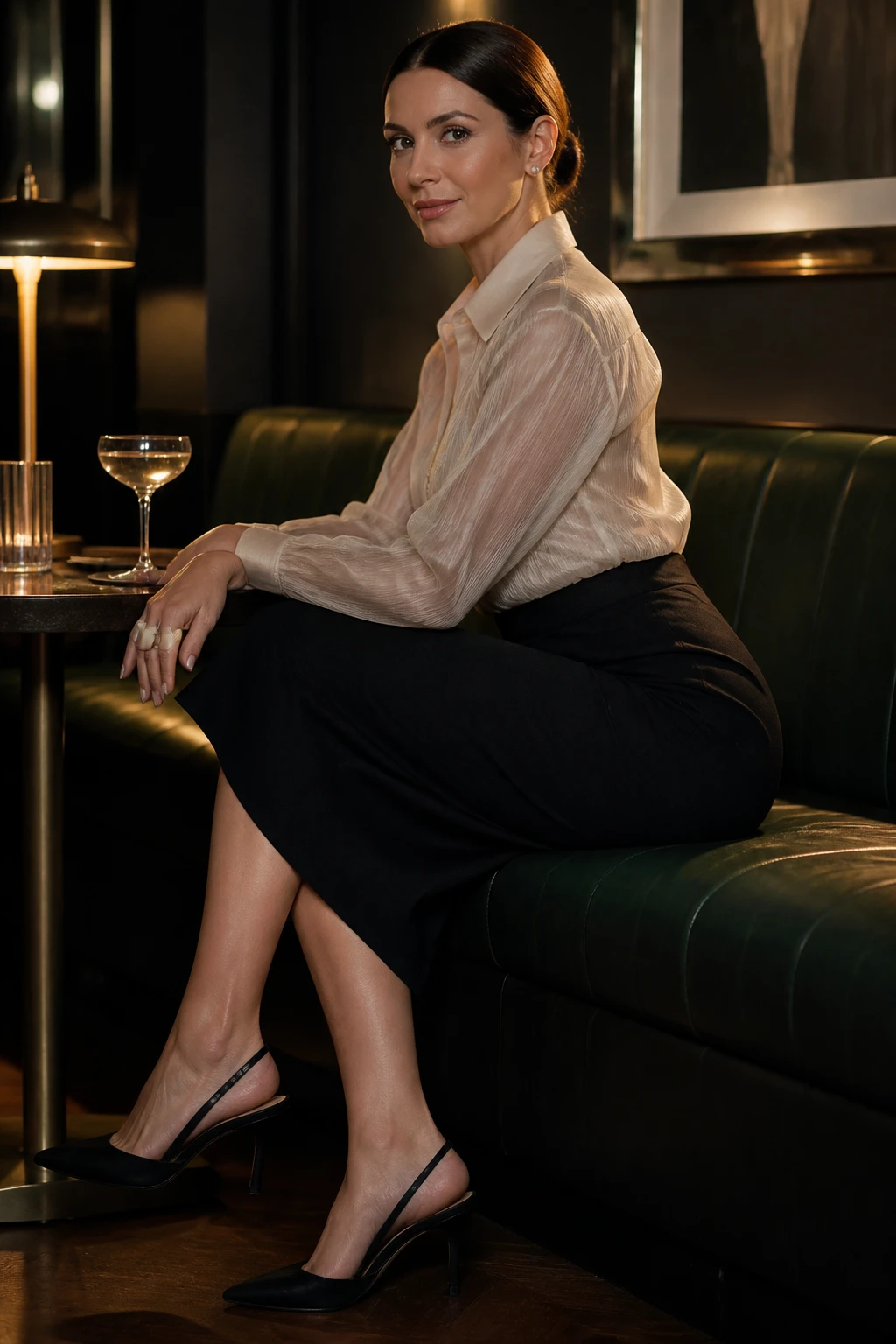A sophisticated late-30s woman wears a lined sheer organza blouse with a high-waist pencil skirt and slingbacks, finished with pearl studs.