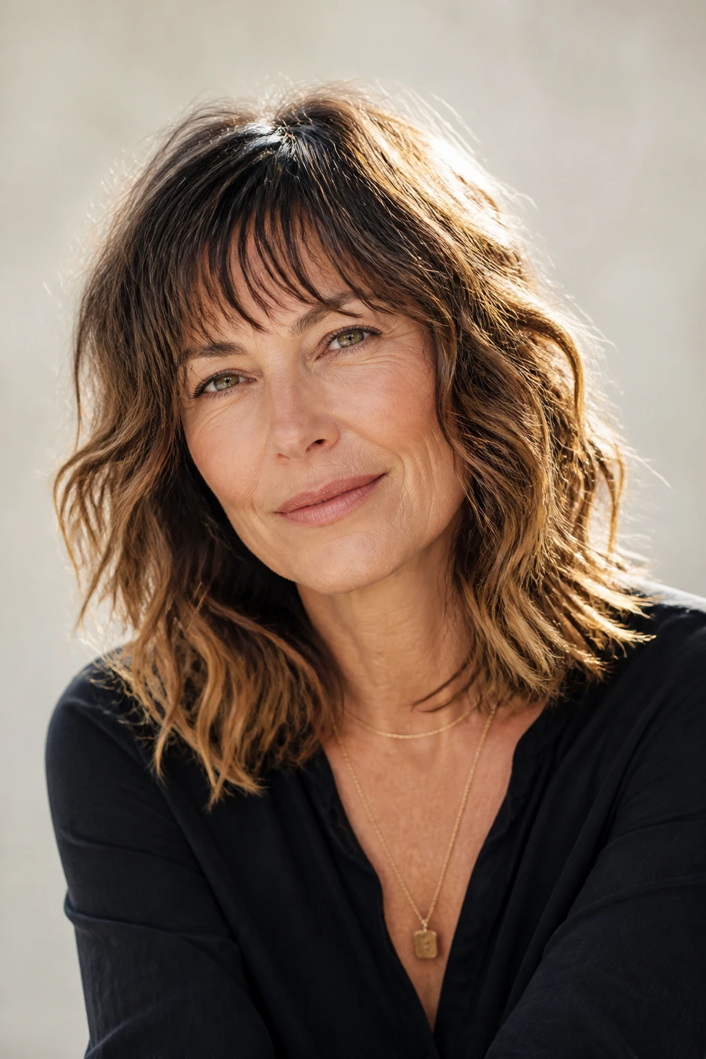 A creative mid-50s woman wears a shoulder-length wavy shag with a wispy micro-fringe and sun-kissed ends.