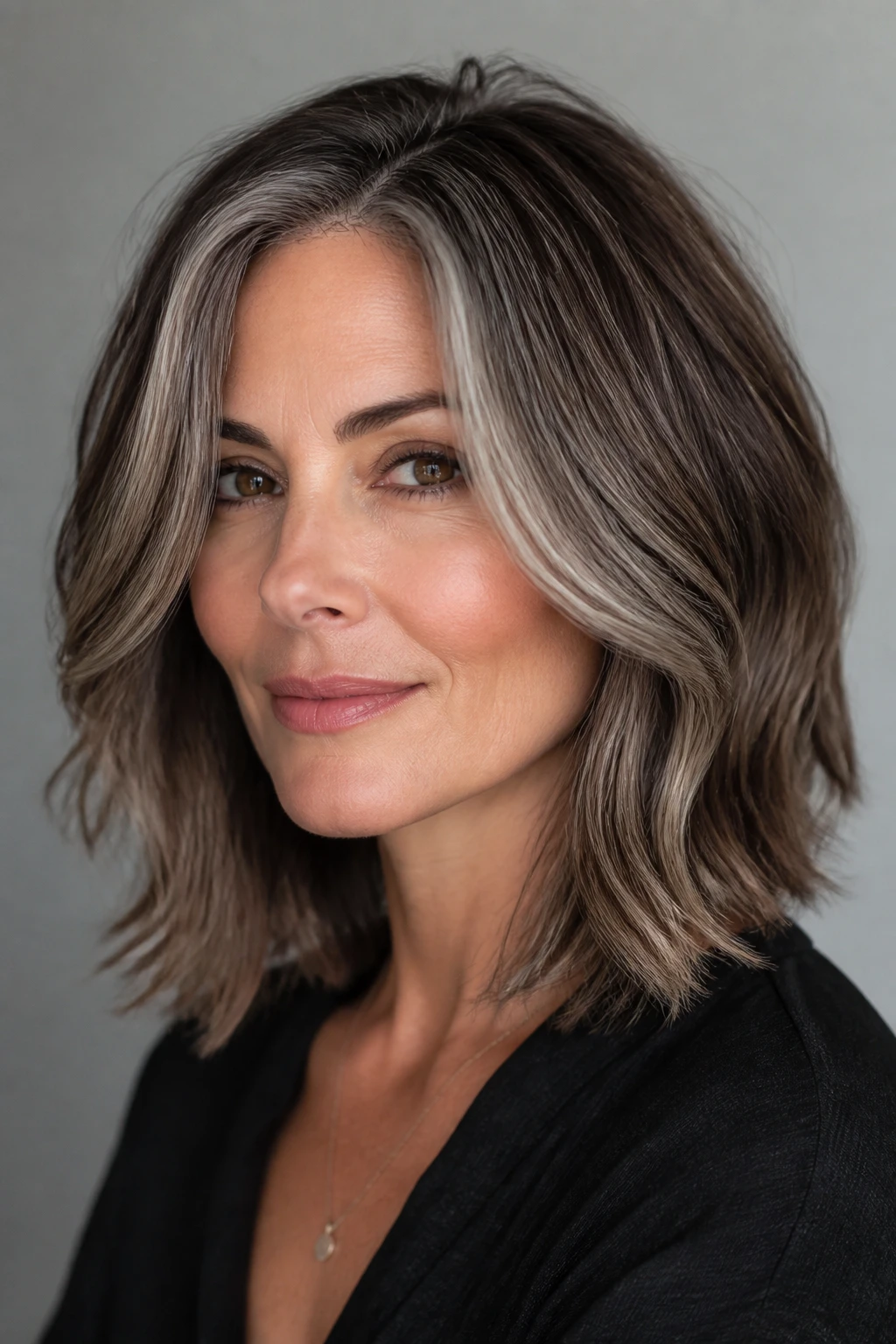 A 46-year-old woman shows smoky brown gray blending with a layered lob and soft salt-and-pepper dimension.
