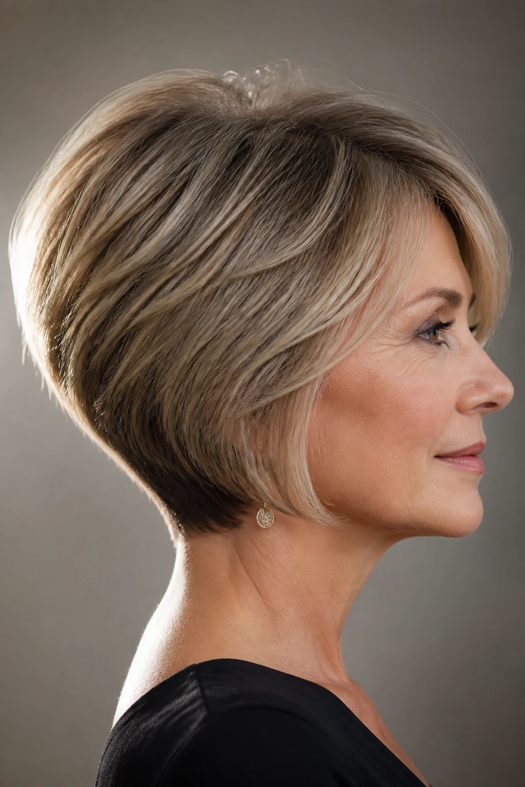 An elegant mid-50s woman wears a softly graduated stacked bob with a deeper nape and brighter crown.