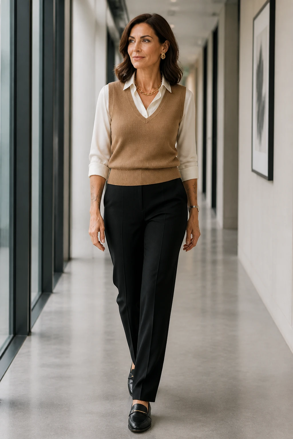 A confident woman in her mid-40s wears a camel V-neck sweater vest over an ivory silk blouse with straight black trousers and loafers, accented by a bold chain.
