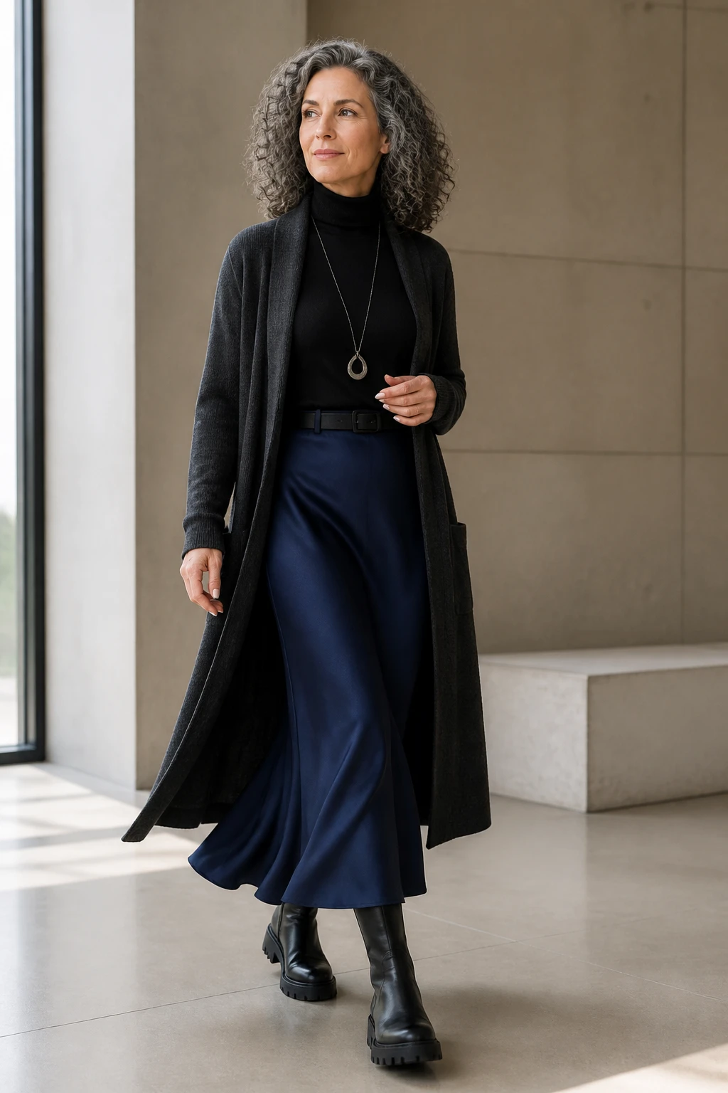 A stylish mid-50s woman pairs a fine-gauge turtleneck with a navy slip skirt, lug-sole boots, and a long pendant.